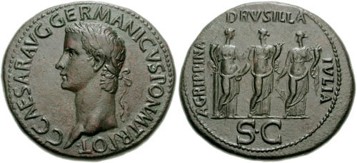 Sestertius of Caligula with his three sisters on the reverse