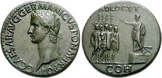 Sestertius of Caligula showing on platform, raising hand, facing five soldiers, each holding a legionary eagle